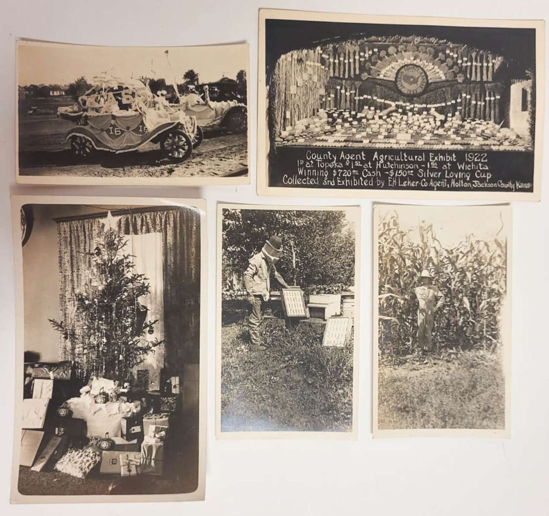 vintage assorted subject photographs: set or lot of five vintage black and white and sepia toned photographs depicting a Christmas tree with presents, a bee keeper, a farmer standing in a cornfield, a float car or