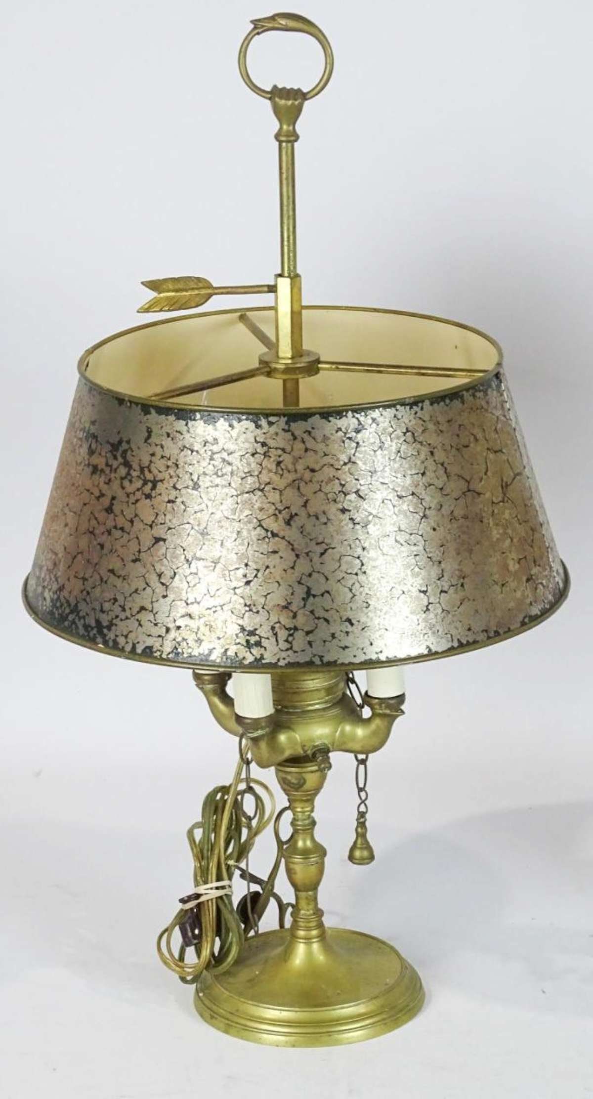 vintage brass table lamp with shade: not sure if this is an incense or an oil lamp, tall model with handle for easy carrying around, possibly Middle Eastern or Indian (?) and with candle snuffer scissors and electrified with