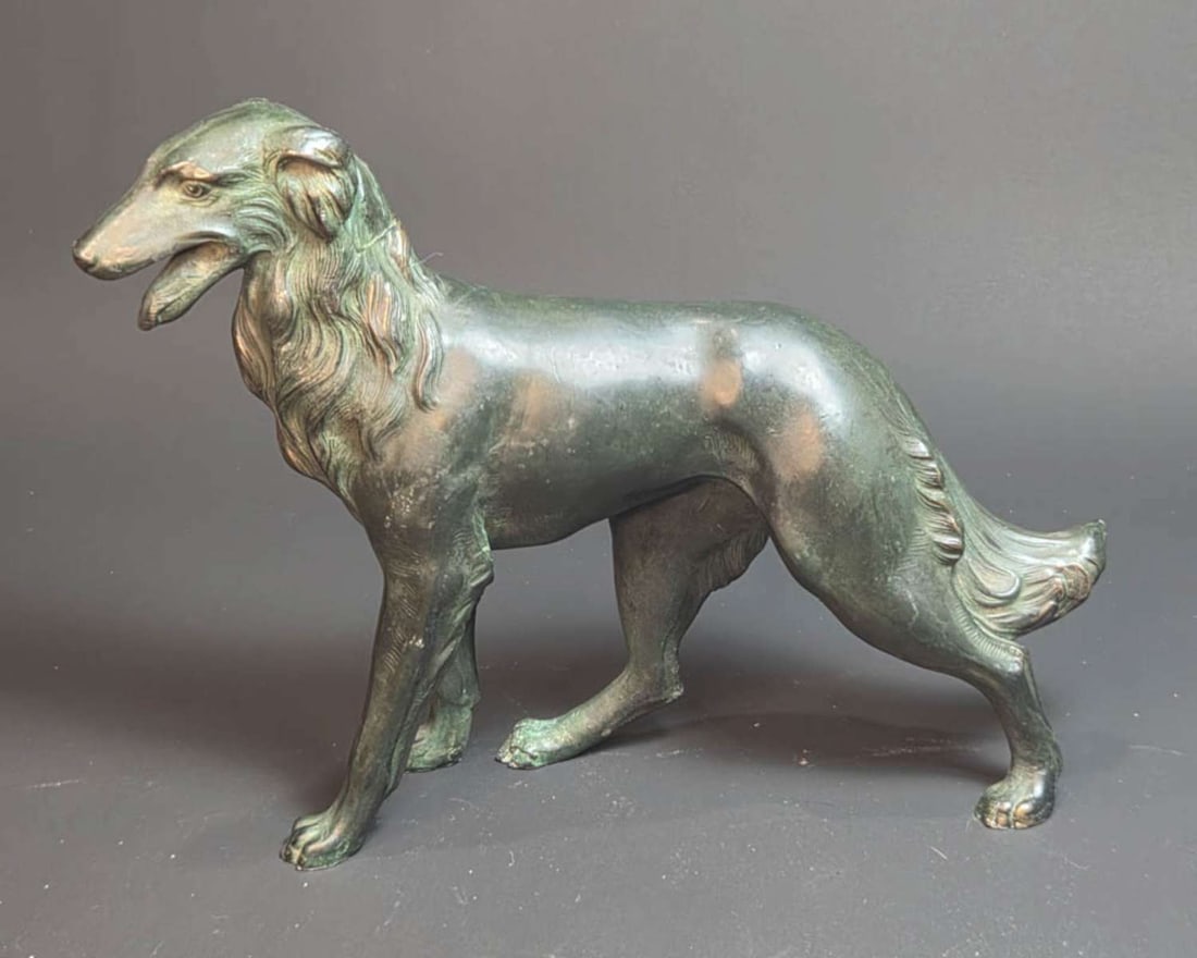 vintage Art Deco style figural dog statue: vintage or antique sculpture shaped like a Borzoi or Greyhound, bronze finish over metal (Spelter?), no maker's mark and not sure of its age