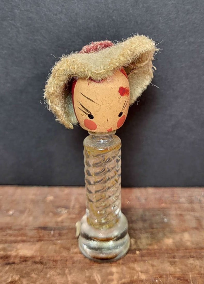 vintage doll perfume bottle: ca. 1920's to 1930's possibly made by Karoff wooden doll head glass perfume bottle, hand painted facial features and fabric hat