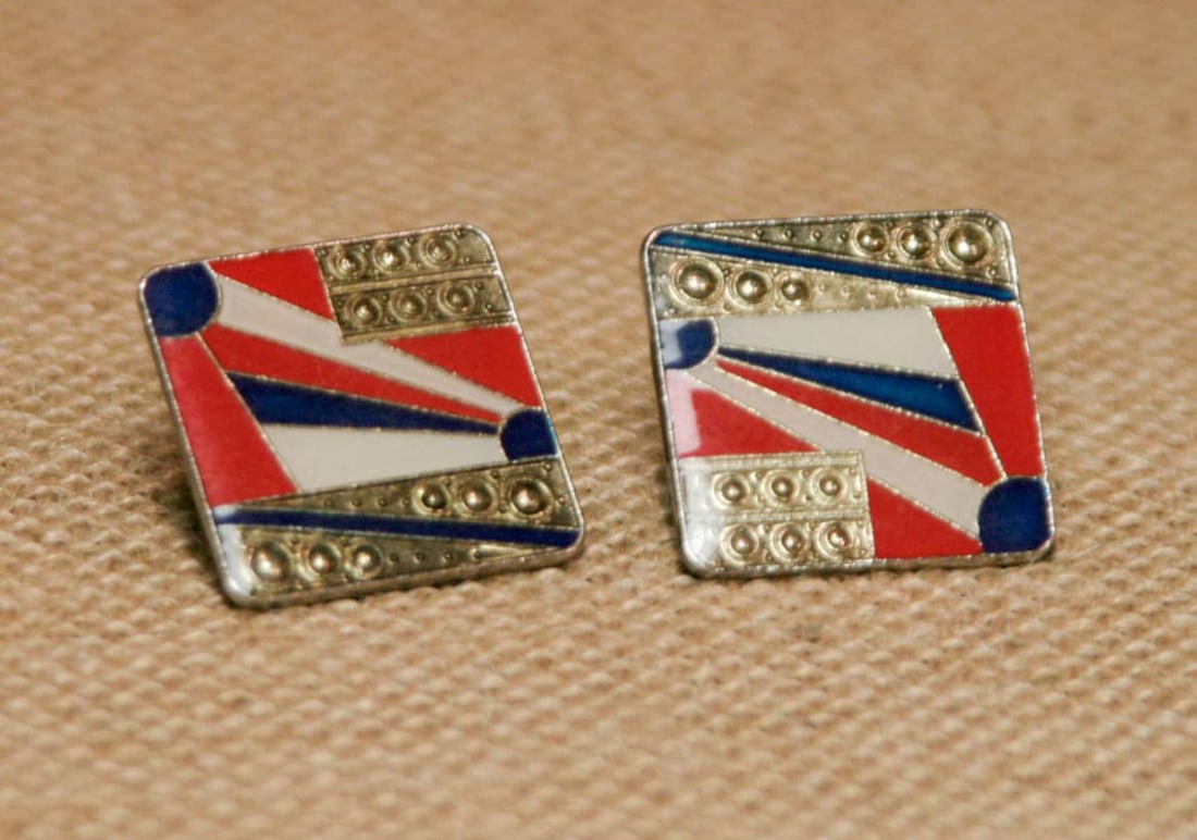 antique estate jewelry: enameled earrings: vintage or antique late Art Deco or early MCM or Mid Century Modern Era pair of pierced earrings with an enameled vibrant red, white and blue Patriotic geometric design about 1" squared
