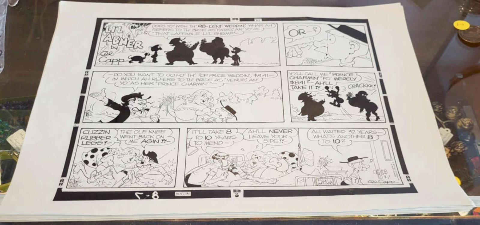 1977 Lil' Abner comic strip proof: large sheet newspaper comic strip proof from 1977 for Lil' Abner by Al Capp about wedding plans between a skinny man and a fat woman, New York News Inc All Rights Reserved paper about 11 3/