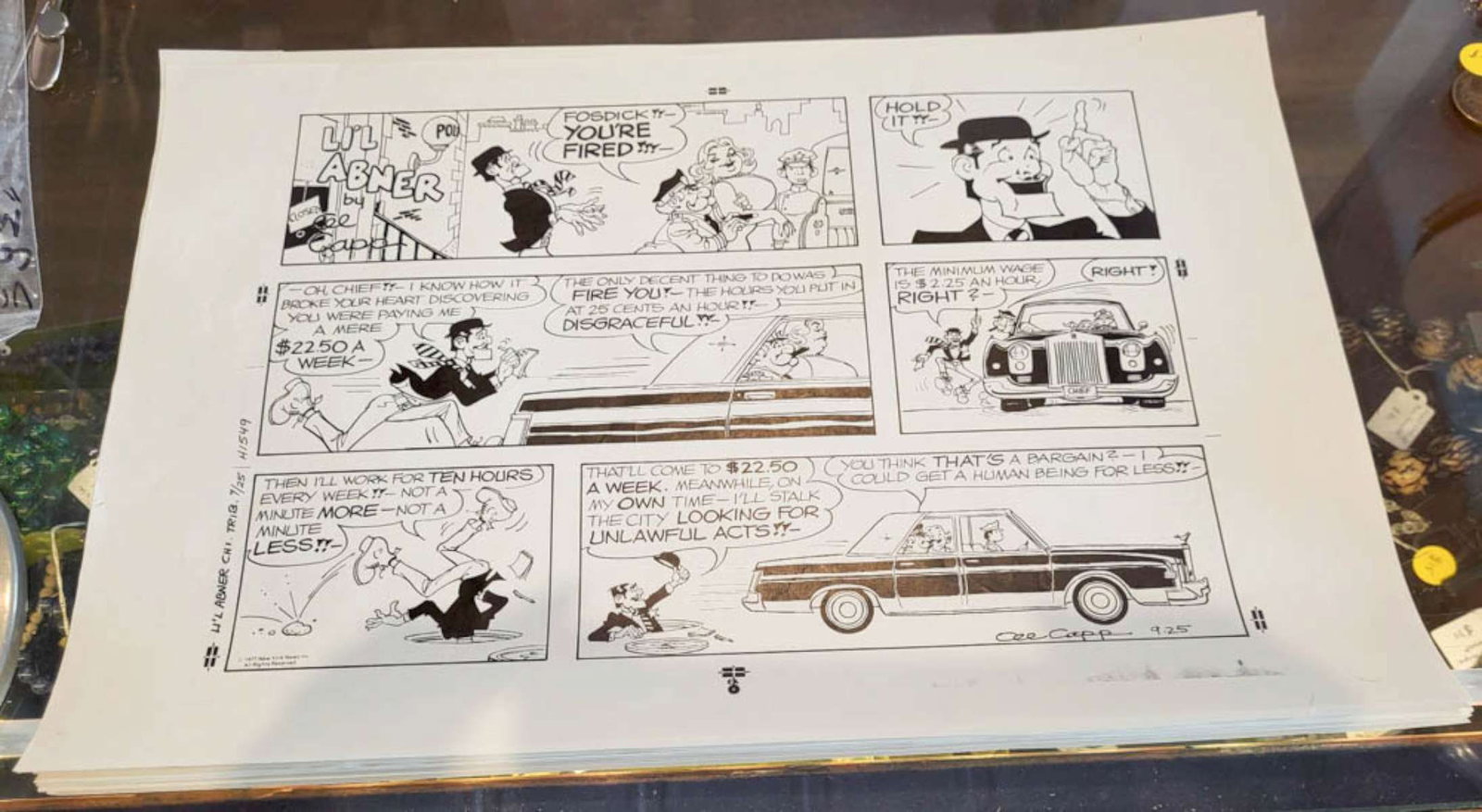 1977 Lil' Abner comic strip proof: large sheet newspaper comic strip proof from 1977 for Lil' Abner by Al Capp about the minimum wages at that time being 2.25 dollars an hour, New York News Inc All Rights Reserved paper abou
