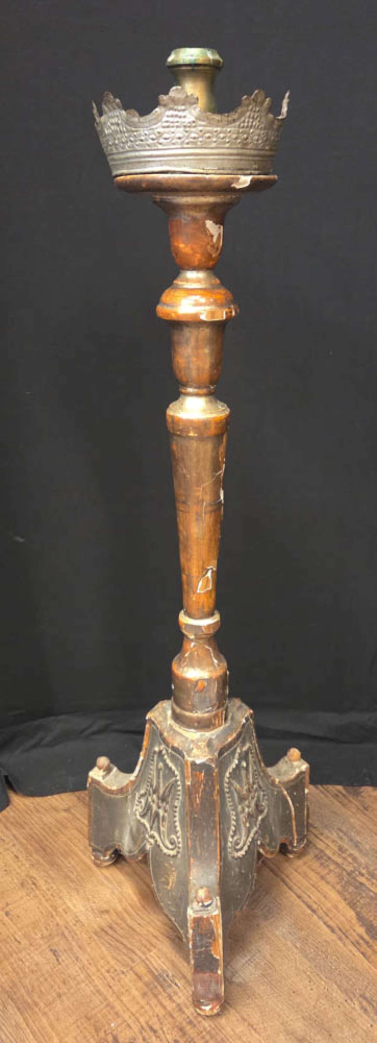 antique Gothic Revival floor candlestick: antique (likely early-mid 1800's) Gesso or plaster over wooden candle holder with removable punched metal anti-drip rim so the wax doesn't run down and brass or bronze candlestick