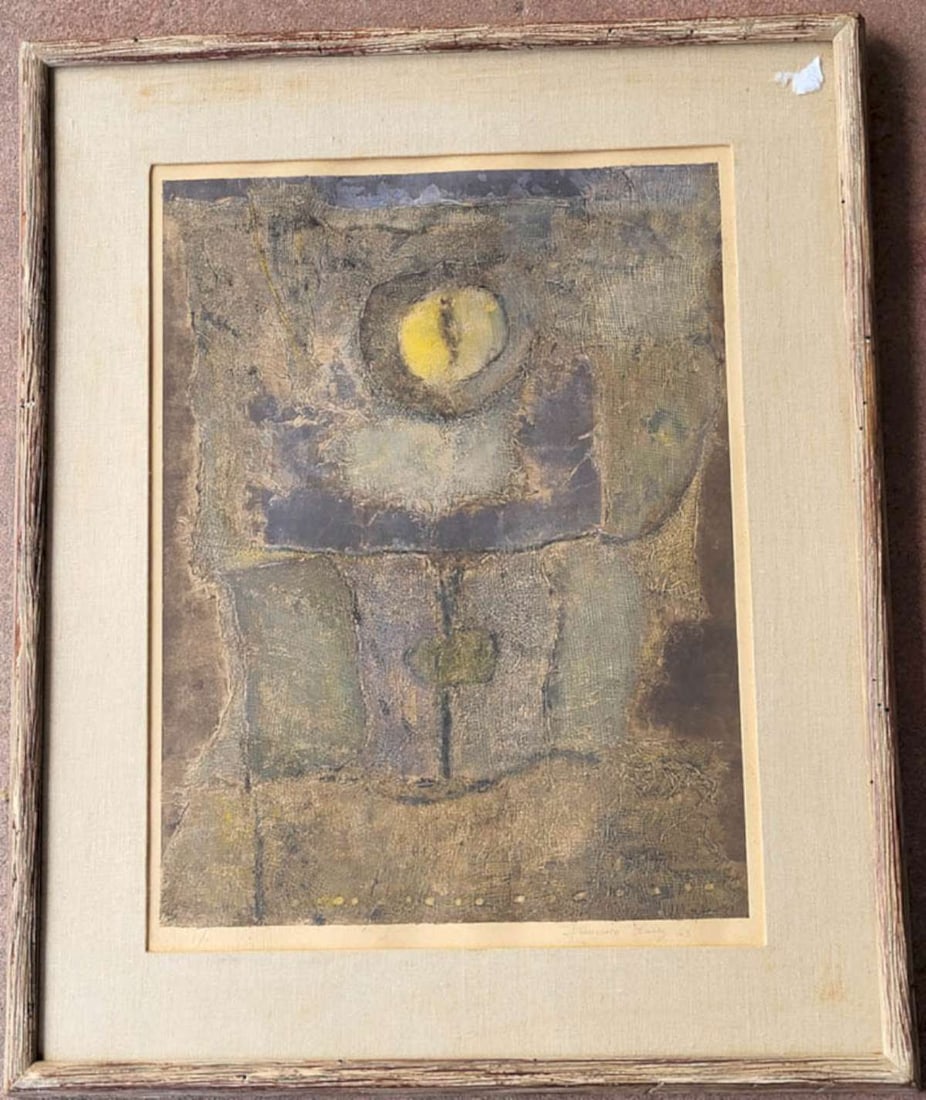 MCM abstract art by Francisco Larez: dated 1963, numbered 1 of 4 and pencil signed Francisco Larez abstract Mid Century Modern framed and matted print with muted brown, blue and yellow colors (looks like an eye to me) embosse