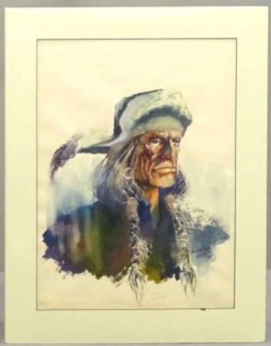 large original 1970s Western themed watercolor: signed Mitchell lower right as shown and dated 1975 (possibly Arthur Roy Mitchell, American born 1889 to1977??) and pencil named "illegible" Scout and depicting a cowboy with a weather