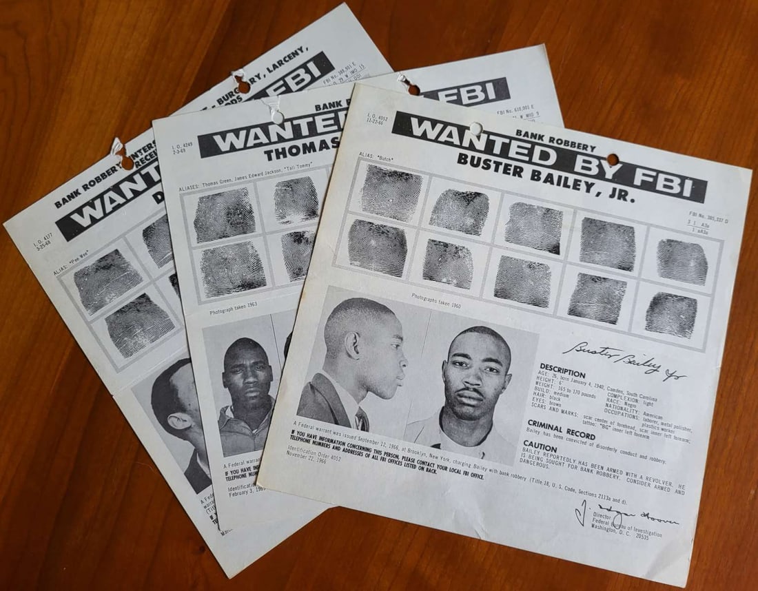 three original FBI wanted posters BANK ROBBERY and BURGLARY: This is a set of three original FBI wanted posters. The first from 1966 for Buster Bailey Jr, who was sought for bank robbery. The second from 1969 for Thomas James Lucas, who was sought f
