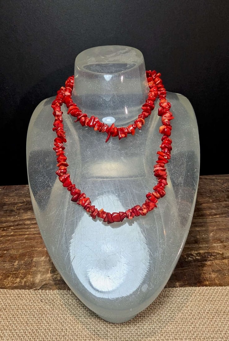 vintage estate jewelry: Coral chip necklace: vibrantly colored reddish Coral pieces and chip, strung in a long necklace (can be worn double, as shown) about 33" long