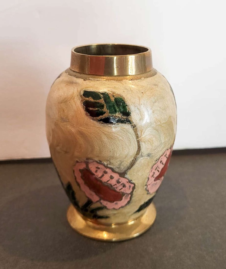 vintage cloisonne metal vase: small brass bud vase or vessel with enameled cloisonne floral or flower desig, no maker's mark