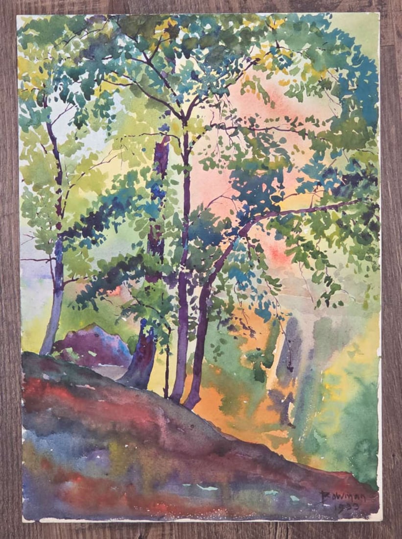 signed dated 1933 watercolor painting trees (1 of 6)