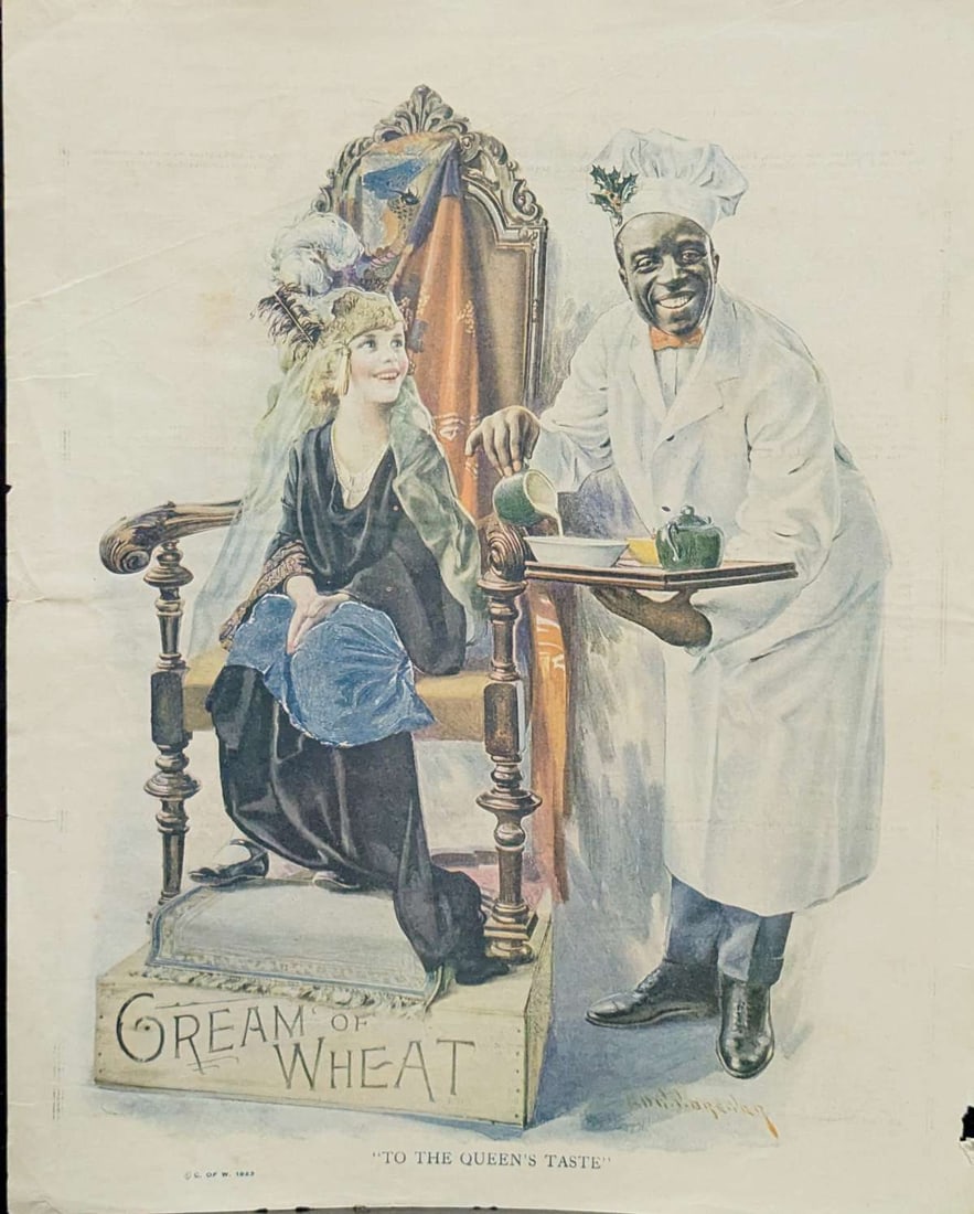 original Cream of Wheat advertisement: 1923 ad in Needlecraft Magazine for Cream of Wheat cereal, depicting a young girl in Art Deco Flapper outfit being given milk and cereal by a Black or African American chef