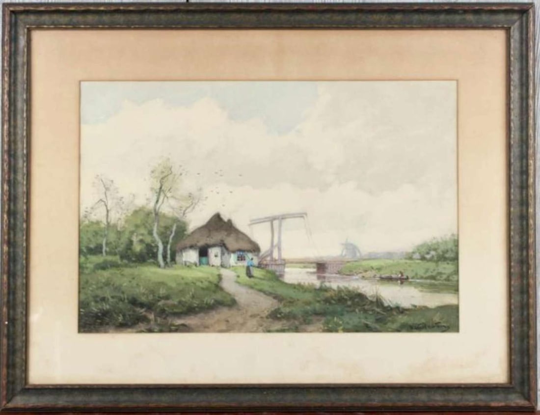 antique Walter C. Hartson watercolor painting: signed lower right as shown, Walter C. Hartson (American 1866-1946), beautifully painted watercolor of a European (likely Dutch from Holland or The Netherlands or Flemish/Belgian) countrys
