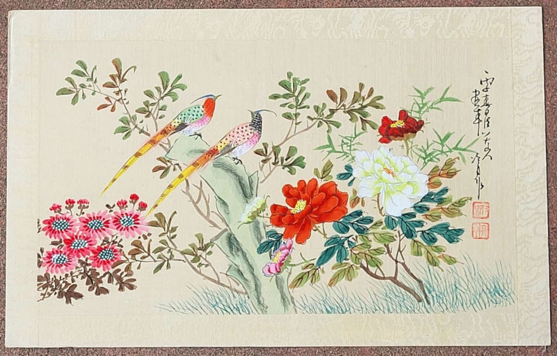 vintage Chinese watercolor painting of birds: beautiful watercolor painting on silk depicting vibrantly colored red, pink and white flowers and 2 colorful birds, with chop mark and hand written lettering top right piece is (paper size