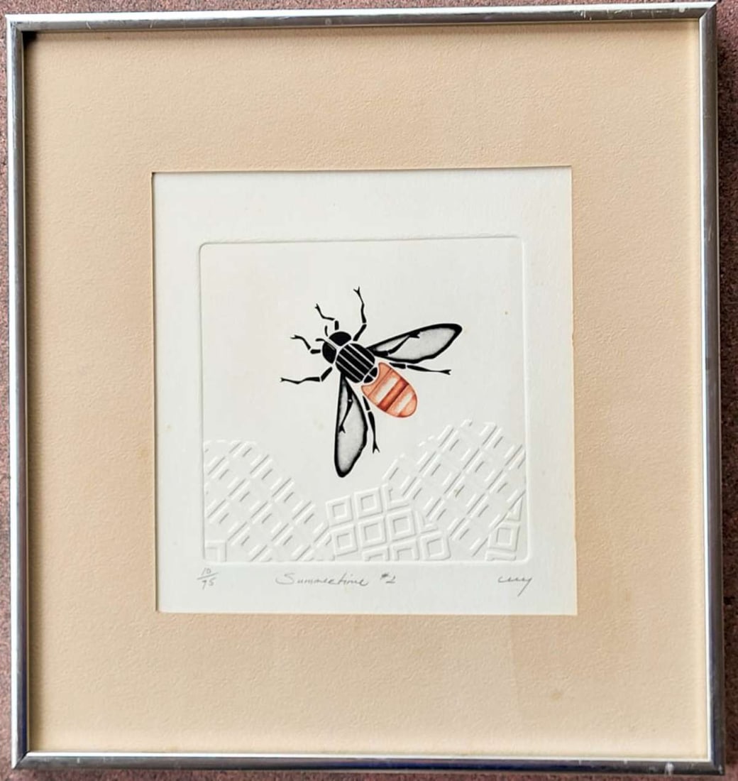 Peruvian artist vintage bug print: vintage raised etching in matted chromed Modern frame of a vibrantly colored bee and 3-D honeycomb, pencil signed Cecy by the artist lower right as shown, limited edition numbered 10 of 75
