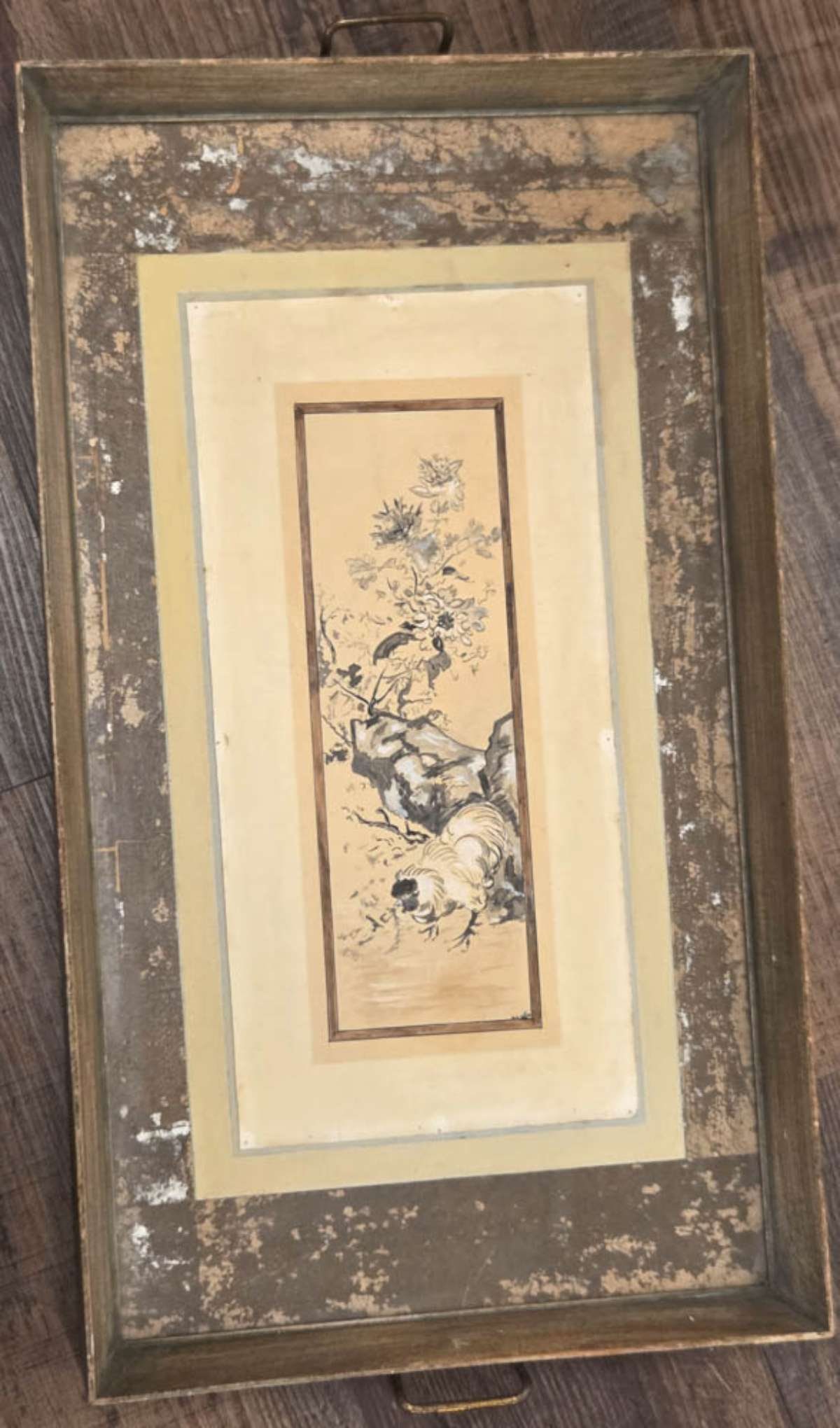 vintage tea tray with original painting of a rooster: vintage wooden serving tray with brass handles with matted (and under glass) an original Asian watercolor painting of a chicken or rooster, illegibly signed lower right as shown by the artist