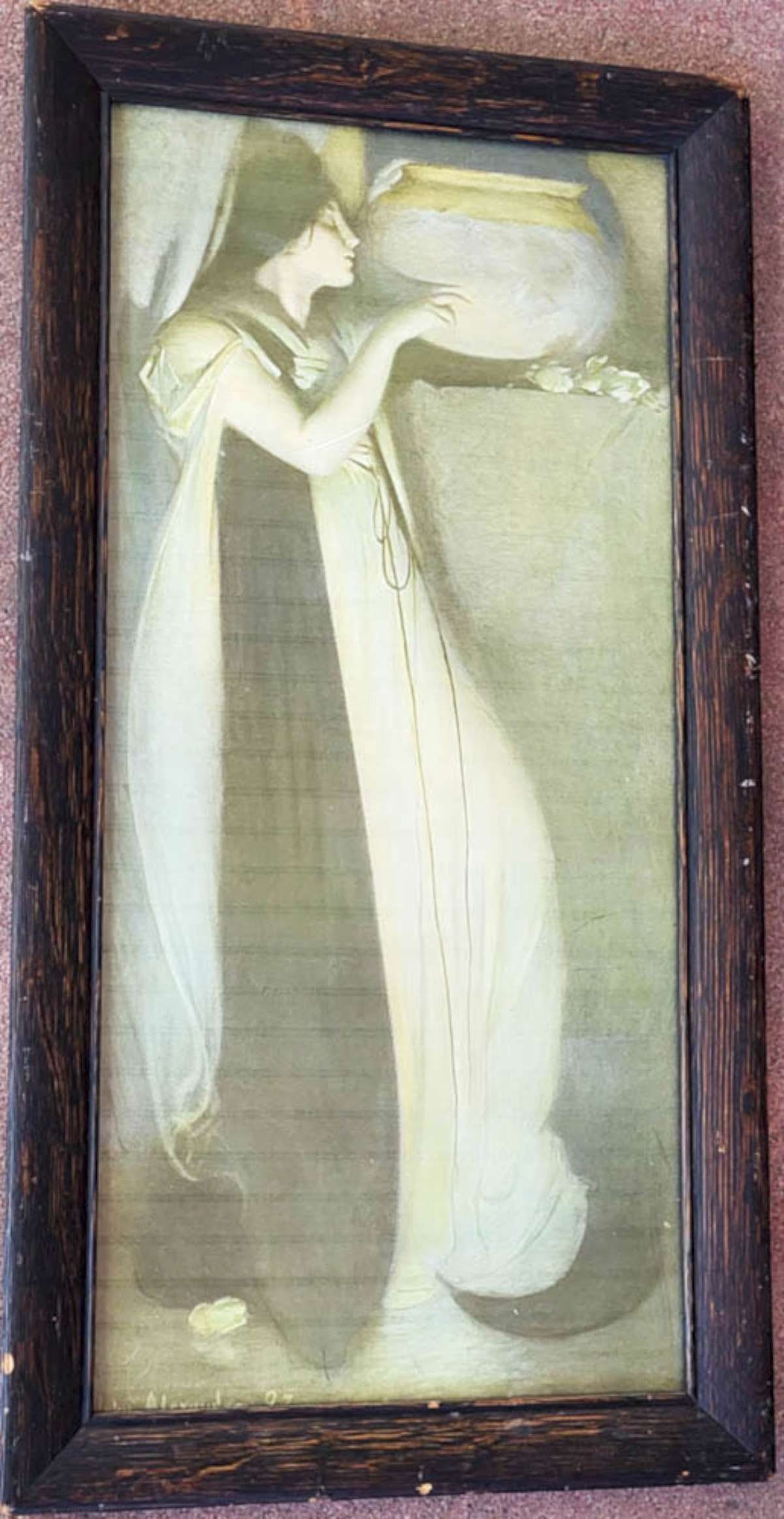 antique Isabella And The Pot Of Basil print: antique oak wooden frame with chromo lithograph print by John White Alexander - "stripes" are a reflection on the glass during photographing, NOT in the actual print! Info from online 