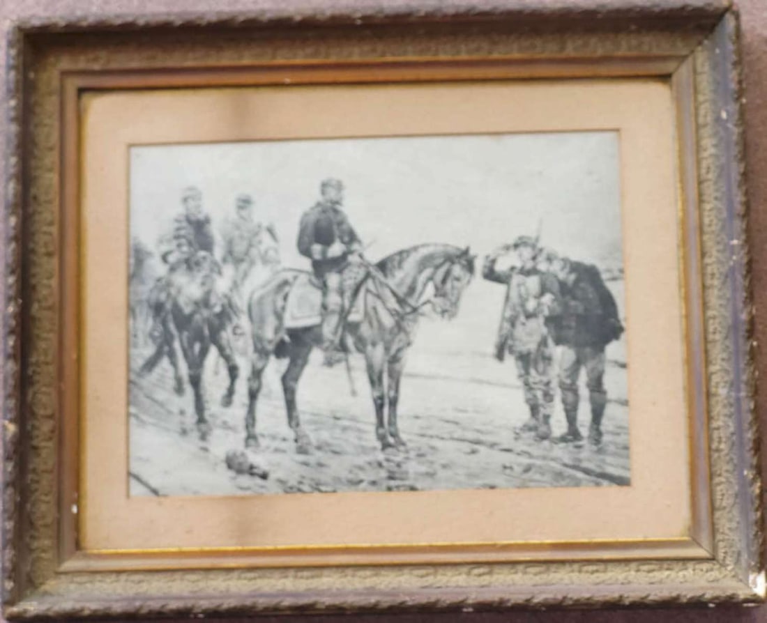 antique Civil War Era framed print: antique lithograph print of a Civil War Era scene titled Meeting a Wounded Officer (misnamed on rear), after Alphonse de Neuville in a gilt wooden and matted frame Info from online search: "