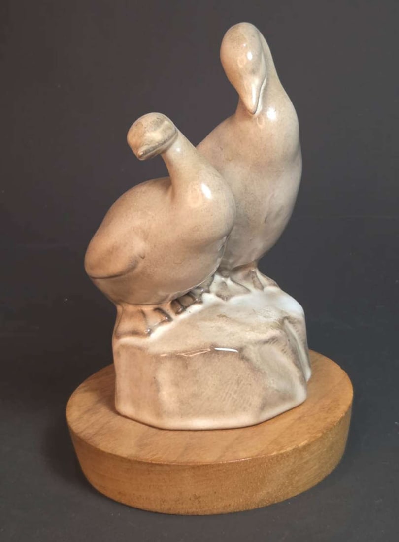 vintage porcelain Canadian bird statue: vintage pottery or porcelain sculpture set on a wooden base depicting a pair of geese or ducks, marked underneath as shown Solid Walnut Wild Life Series By Herta Canada RD 1961 aprox. 6 1/2"
