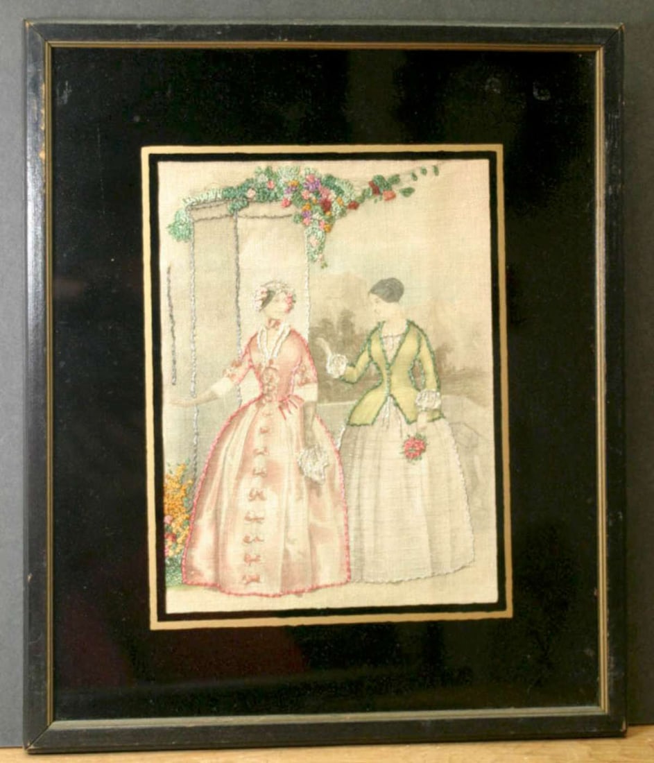 vintage Godey Ladies Book print in frame: Victorian Era hand tinted print on fabric with needlepoint accents depicting 2 fancy ladies taking a stroll and with flowers in the background, from an engraving in the Godey Ladies Book, 