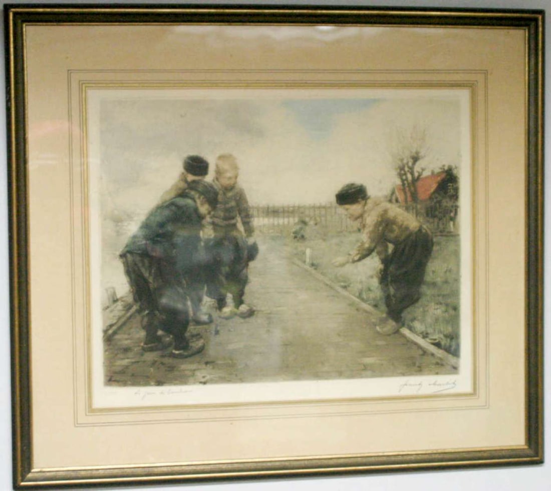 antique Dutch etching of children playing a game: large framed and matted vintage or antique etching The Cork Game in Holland (Le Jeune de Bouchon??), original hand painted and pencil signed by Frank Charlet in Paris France and numbered edition