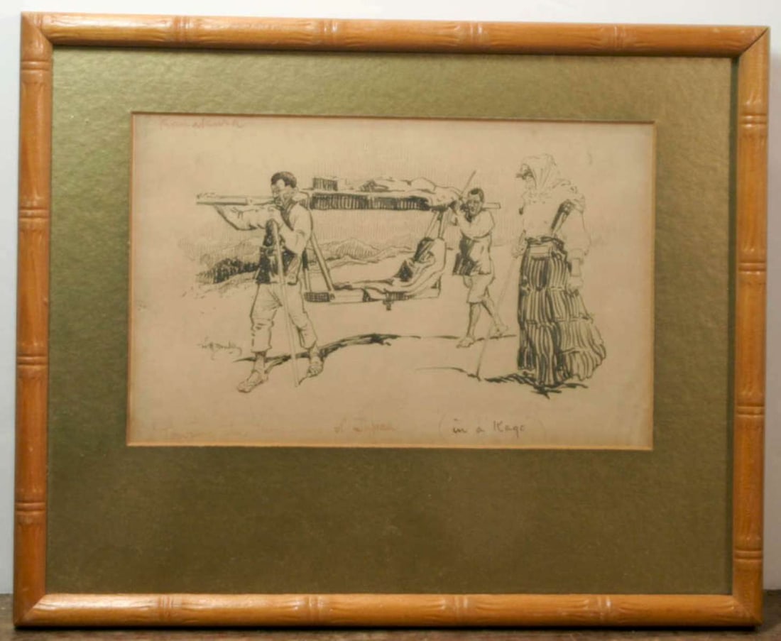 illustration by William Henry Drake: antique original illustration pen and ink drawing by William Henry Drake (1856 to 1926) ca. 1890 and label on back and (faded) writing on the front read Touring the Mountains of Japan (in a "Kago