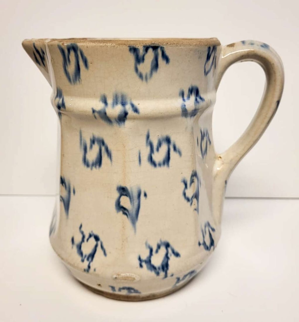 antique stoneware spongeware pitcher: antique ca. mid-1800's pottery or stoneware handled jug or pitcher with blue sponge decoration