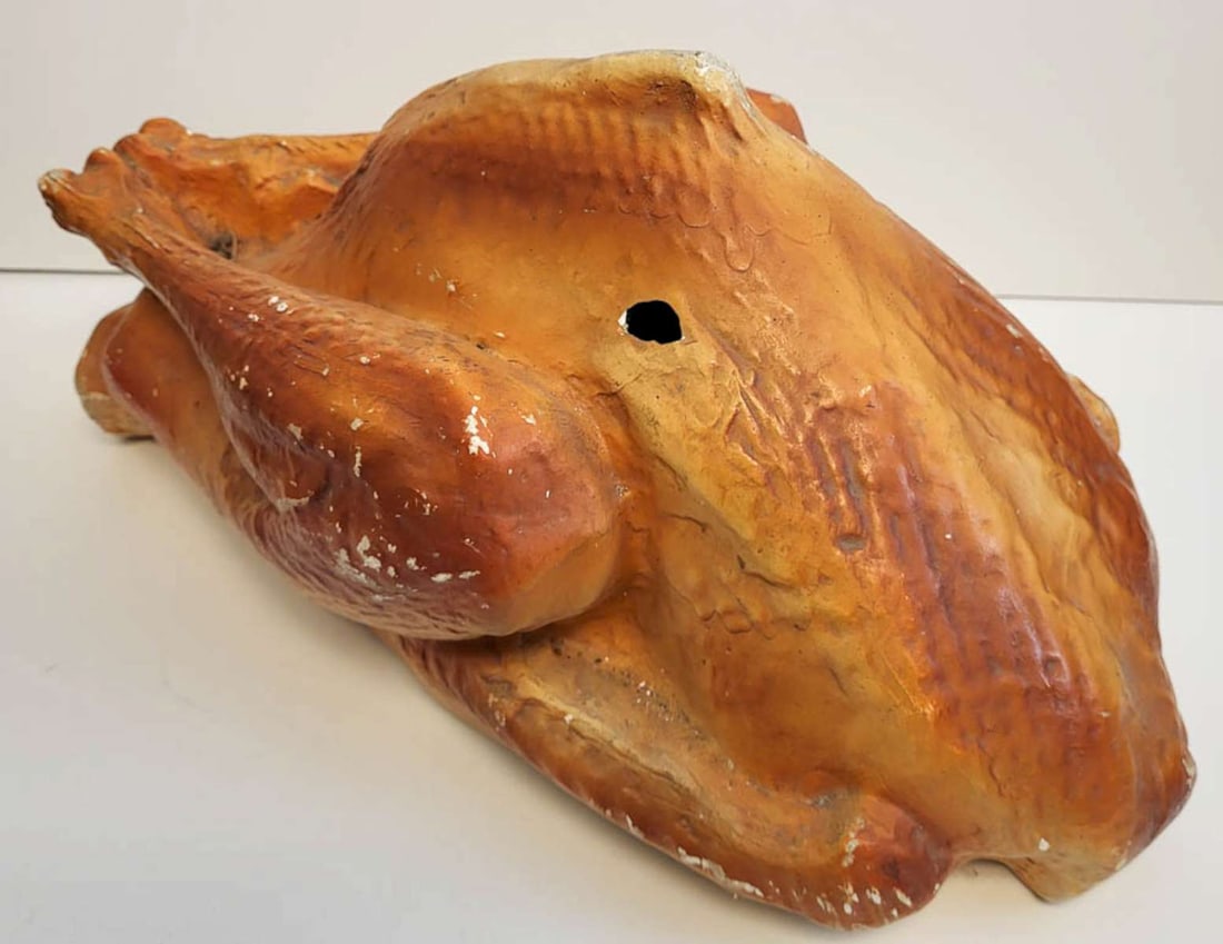 antique general store display Turkey: vintage or antique chalkware life-sized golden brown roasted Turkey display, for a store or model table for Thanksgiving or Christmas, unmarked so don't know the maker