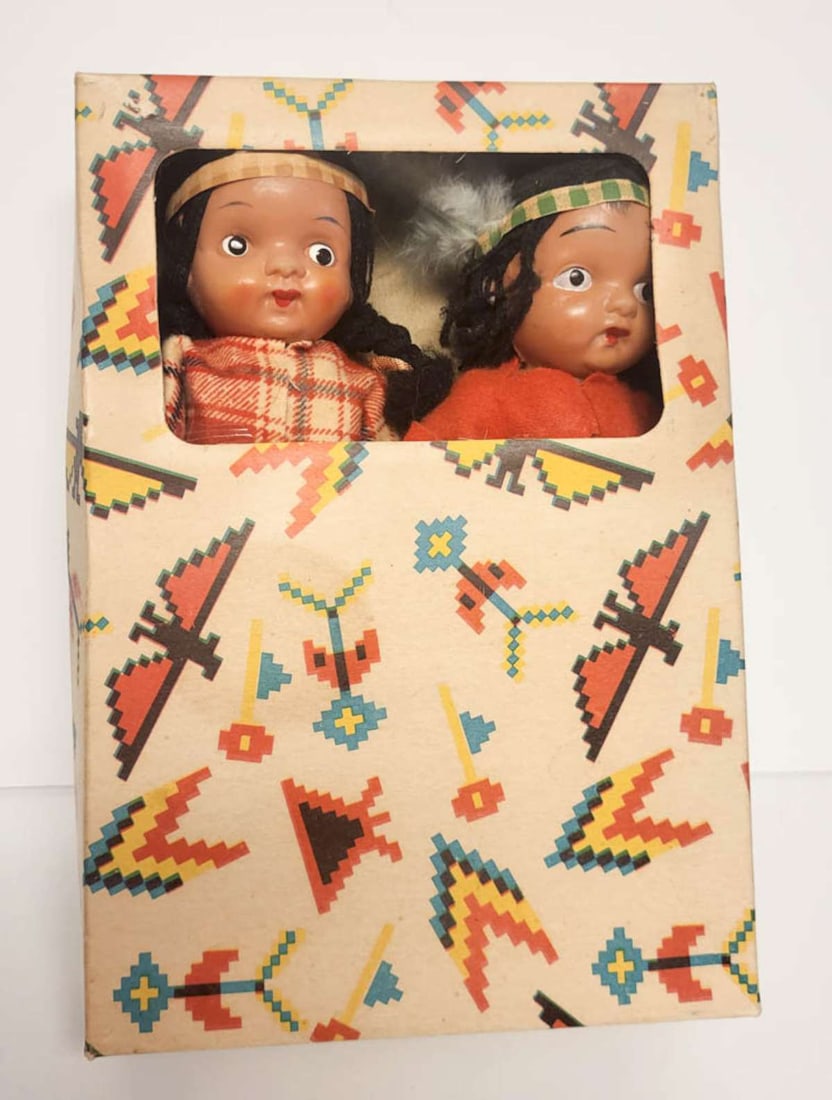antique set of celluloid dolls NIB: vintage or antique pair of celluloid Native American Indian dolls in their original box, made in Japan
