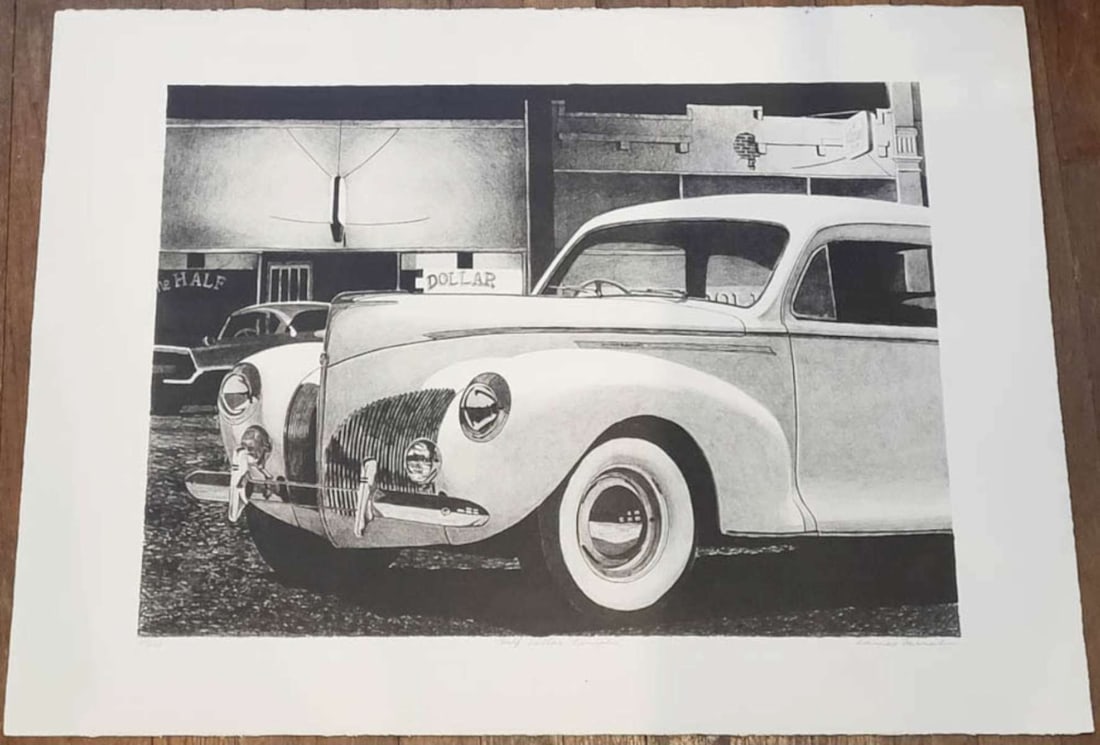 vintage automobile limited edition artwork print: large format unframed black and white print depicting a vintage car with whitewall tires parked on a city street, pencil signed James Farrah (born 1950), titled Half Dollar Lincoln and num