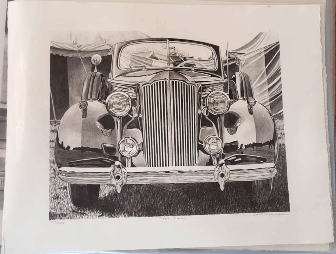 vintage automobile limited edition artwork print: large format unframed black and white print depicting a vintage car parked in front of a circus tent, pencil signed James Farrah (born 1950), titled Tops Down and numbered 145 of 200