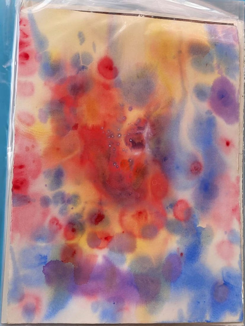vintage abstract watercolor painting: vintage Modern style abstract watercolor drip mark or drops painting with colors of red, blue, yellow and purple, on heavy laid paper, unsigned about 30" by 22"