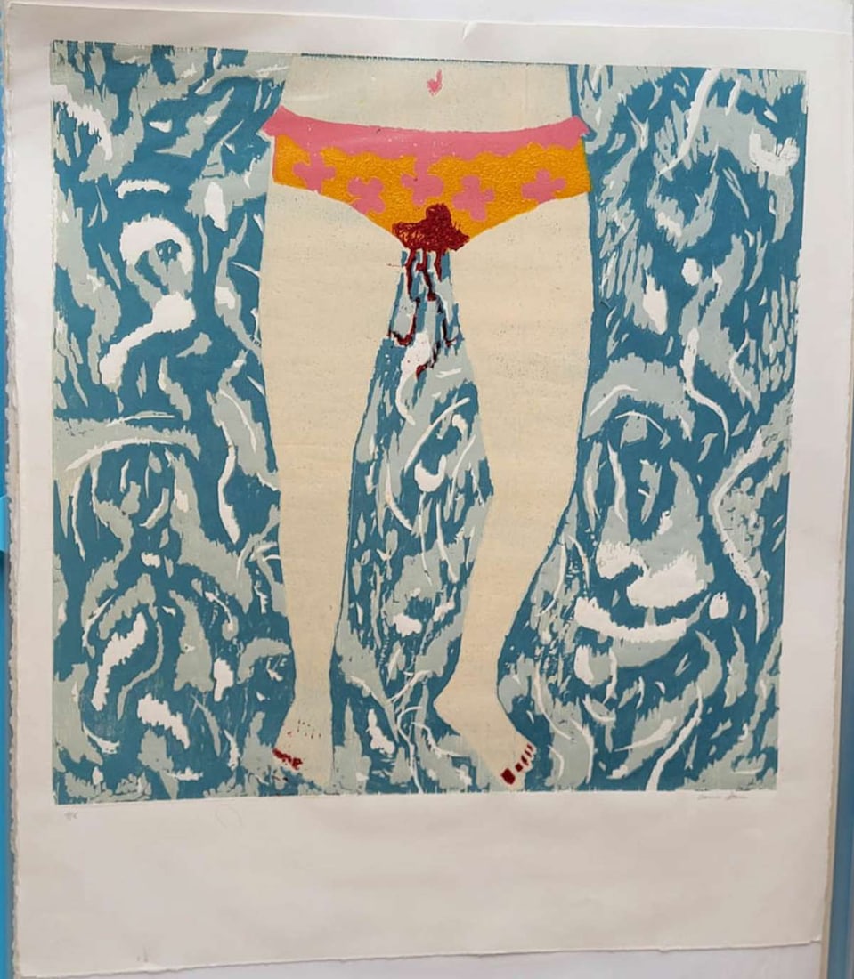 large vintage Modern feminist limited edition print: unusual subject Modern style print depicting a girl in bathing suit bottoms or underwear in a pool and with red nail polish on her toes and she's bleeding (assuming from her period), pencil