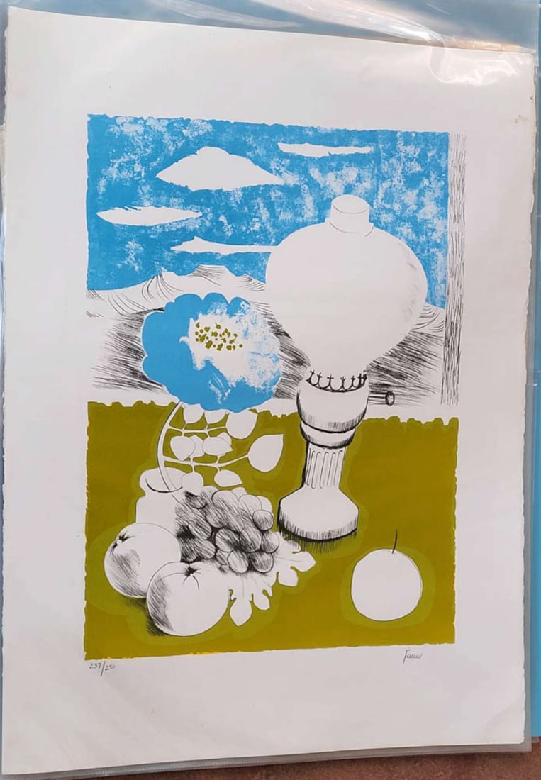 large vintage limited edition Modern print: large vibrantly colored green (Chartreuse) and blue Modern or Surreal still life etching of an oil lamp and fruit with mountains in the background, numbered 237 of 250 and pencil signed by the a