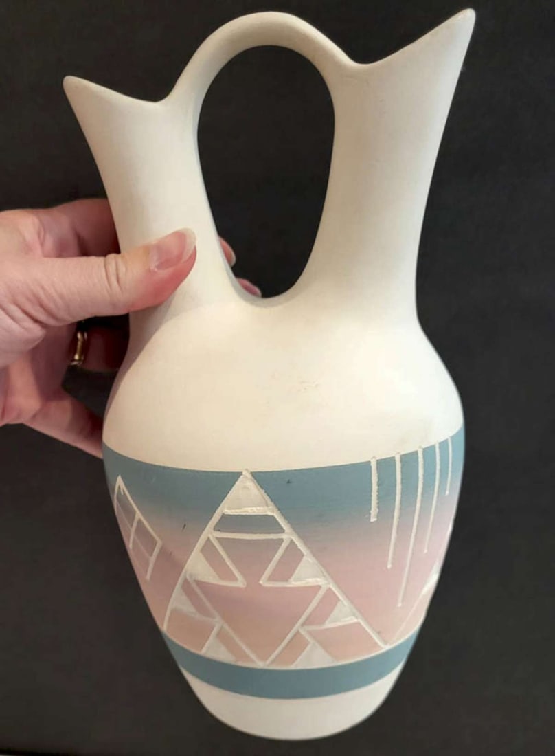 vintage Native American wedding vase: Southwestern colored pottery vessel or vase marked illegibly on the bottom as shown, so don't know the artist or the tribe, wedding vase with a white base color and blue and pink acce