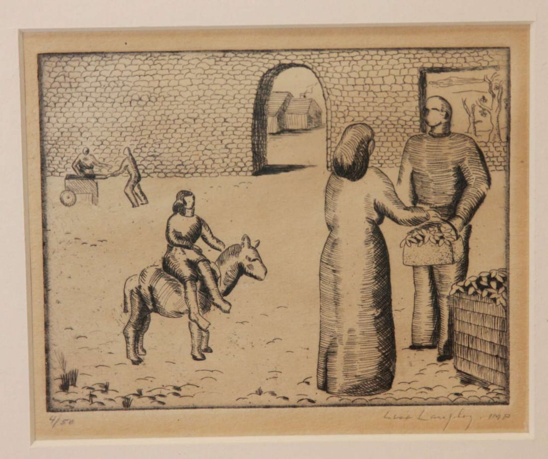 vintage MCM framed etching by American artist: pencil signed lower right by artist Lisa Langley (1907 to 1994) and numbered 4/50, framed Mid Century Modern etching depicting a Southwestern (or Mexican?) marketplace scene with a woman buying 
