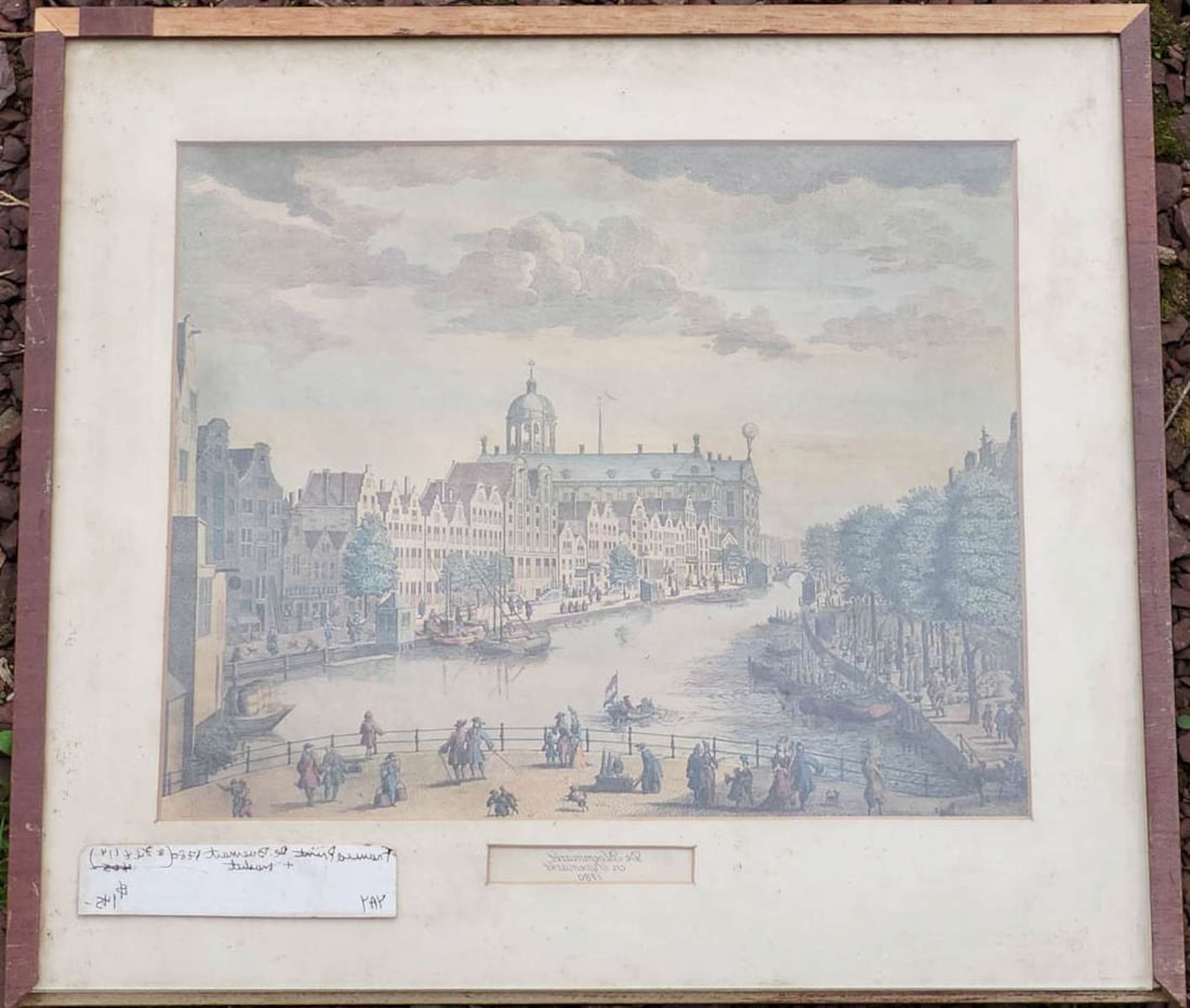 rare Dutch chromo lithograph print in frame: rare antique Dutch (from Holland or The Netherlands) book plate depicting Het Stadhuys Van Agteren (town hall from behind) and is titled De Bloemmarkt en Pijpemarkt (flower and pipe market) and dated 