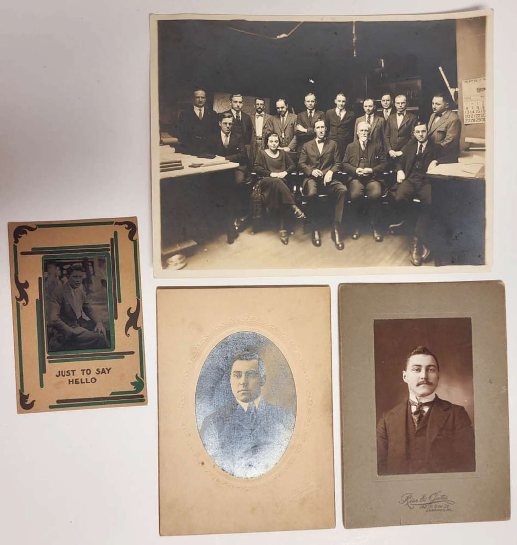 vintage portrait photographs: set or lot of four vintage and antique black and white photographs depicting a woman and a bunch of men posing with their work/company or for a portrait, photographers include Rise and Gates fro