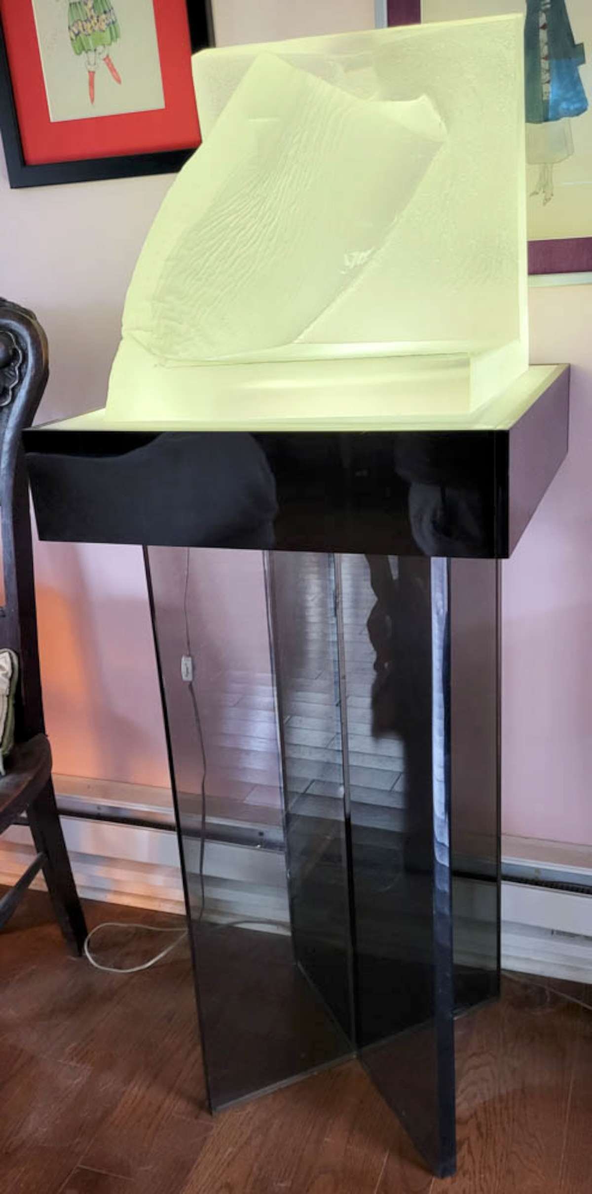 MCM Lucite sculpture signed Kagan: vintage retro plastic or smoky translucent Lucite x-base floor stand with uplight top and sitting on top is a frosted Lucite organic wave, book (or possibly female genitalia, depending on 