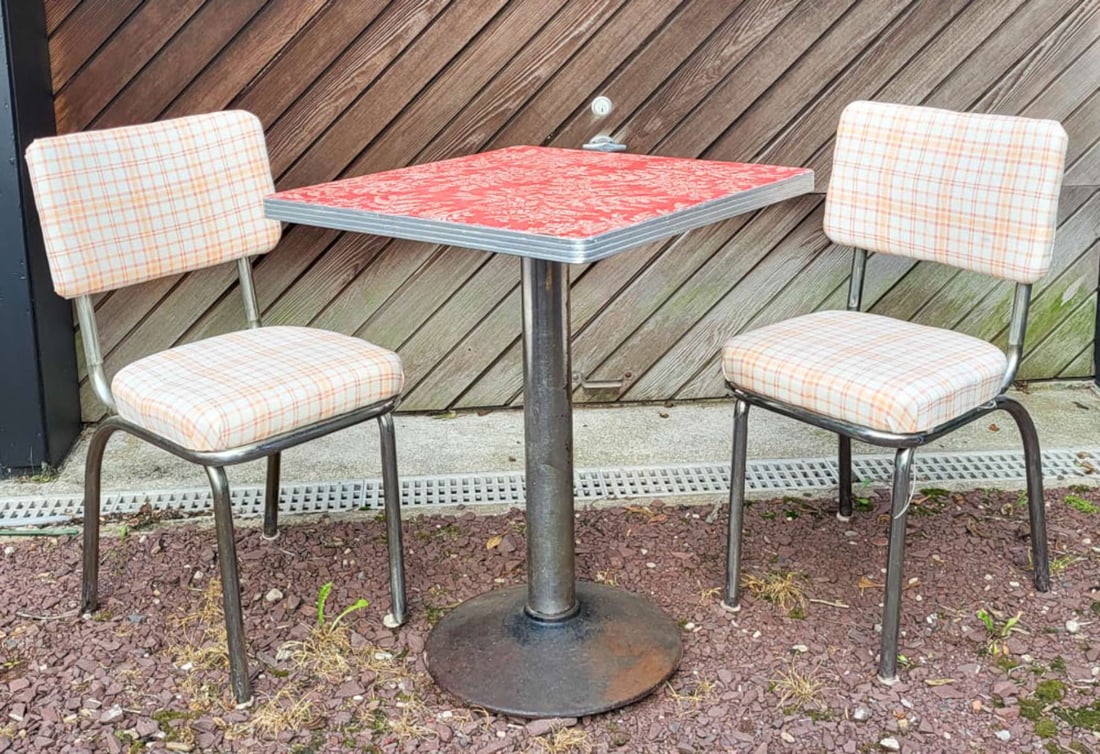 vintage retro dinette set: two chairs and one table: adorable dinette set, consisting of a chrome single pole base ice cream table with red and white fabric(!) top and two matching ca. 1940's or 50's bent frame chairs, each with cu