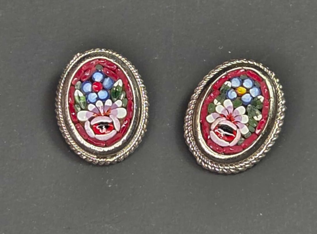 vintage estate jewelry: micro-mosaic earrings: vintage or antique Italian made stone inlaid micro mosaic clip earrings, unmarked but most likely silver