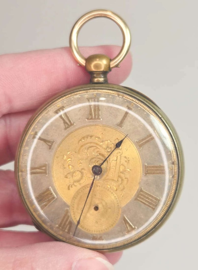 antique pocket watch by M.J. Tobias: antique pocket watch by Tobias from Liverpool, marked as shown and with engraved copper and brass (?) case, possibly gold ring, intact bezel