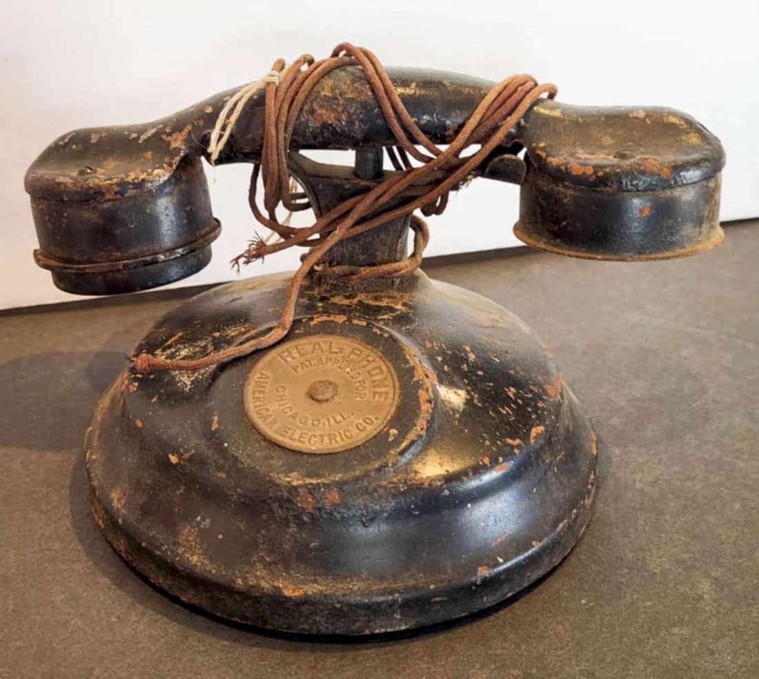 antique American steel Real-Phone: vintage 1934 marked Chicago IL American Electric Company Real-Phone, telephone with original black paint