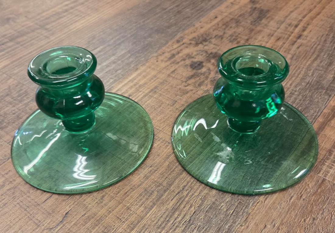 antique Vaseline Depressionware candlesticks (1 of 6)
