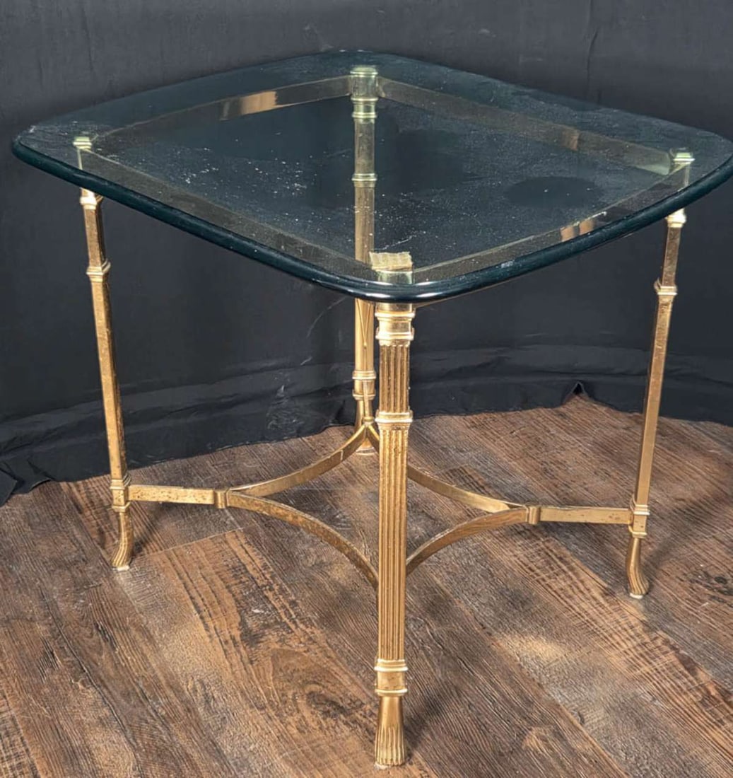 Hollywood Regency MCM brass glass table: vintage Labarge style Hollywood Regency Mid Century Modern heavy brass reeded footed base with stepped glass top, remnant of Made in Italy sticker as shown glass top is about 27" by 23"