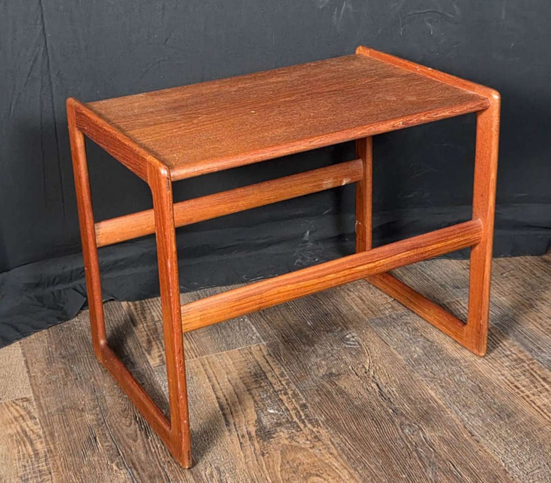 vintage Danish Modern MCM side table: vintage ca. 1960's Mid Century Modern teak(?) wooden low occasional table, label for Arne Hovmand-Olsen