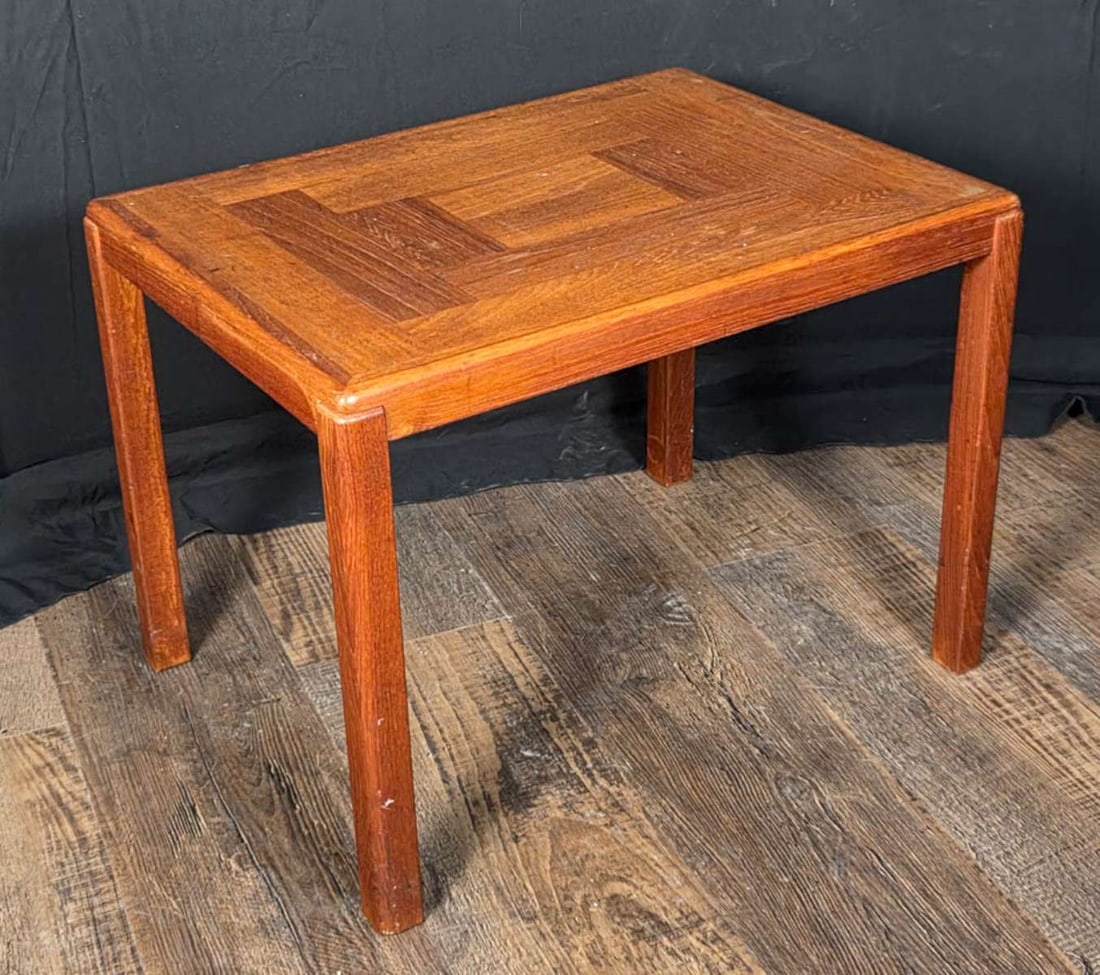 vintage Danish Modern MCM side table: vintage late Mid Century Modern teak(?) occasional table with inlaid designed top and stamped as shown Vejle Stole Mobelfabrik