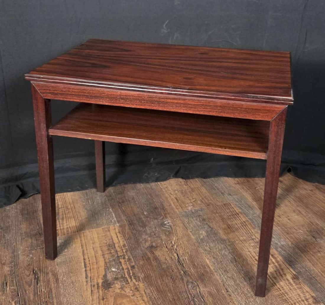 vintage Danish Modern MCM side table: vintage ca. 1960's Mid Century Modern walnut(?) wooden low occasional table designed by Severin Hansen for Haslev Mobelfabrik, note the beautiful bookmark pattern on the top