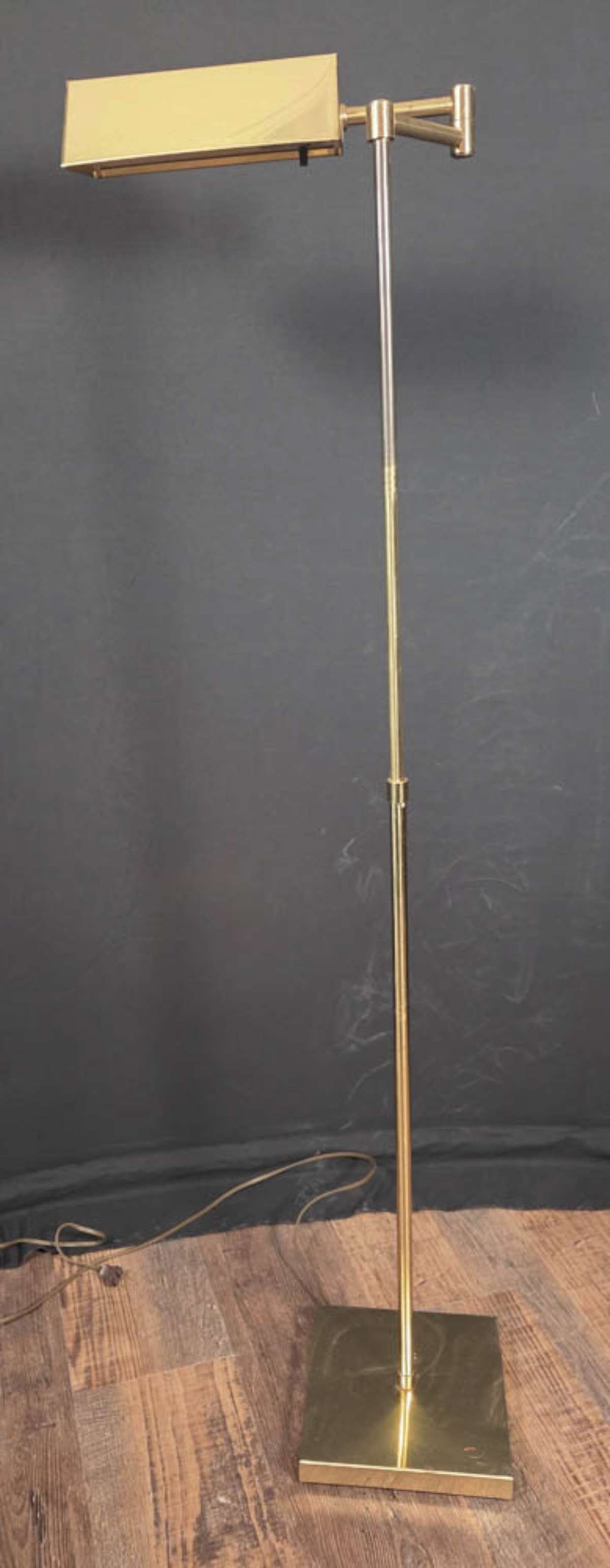 vintage MCM brass swing arm floor lamp: unmarked, but possibly by Koch and Lowy, brass adjustable height Mid Century Modern bridge style floor lamp with triangular shade and heavy square base