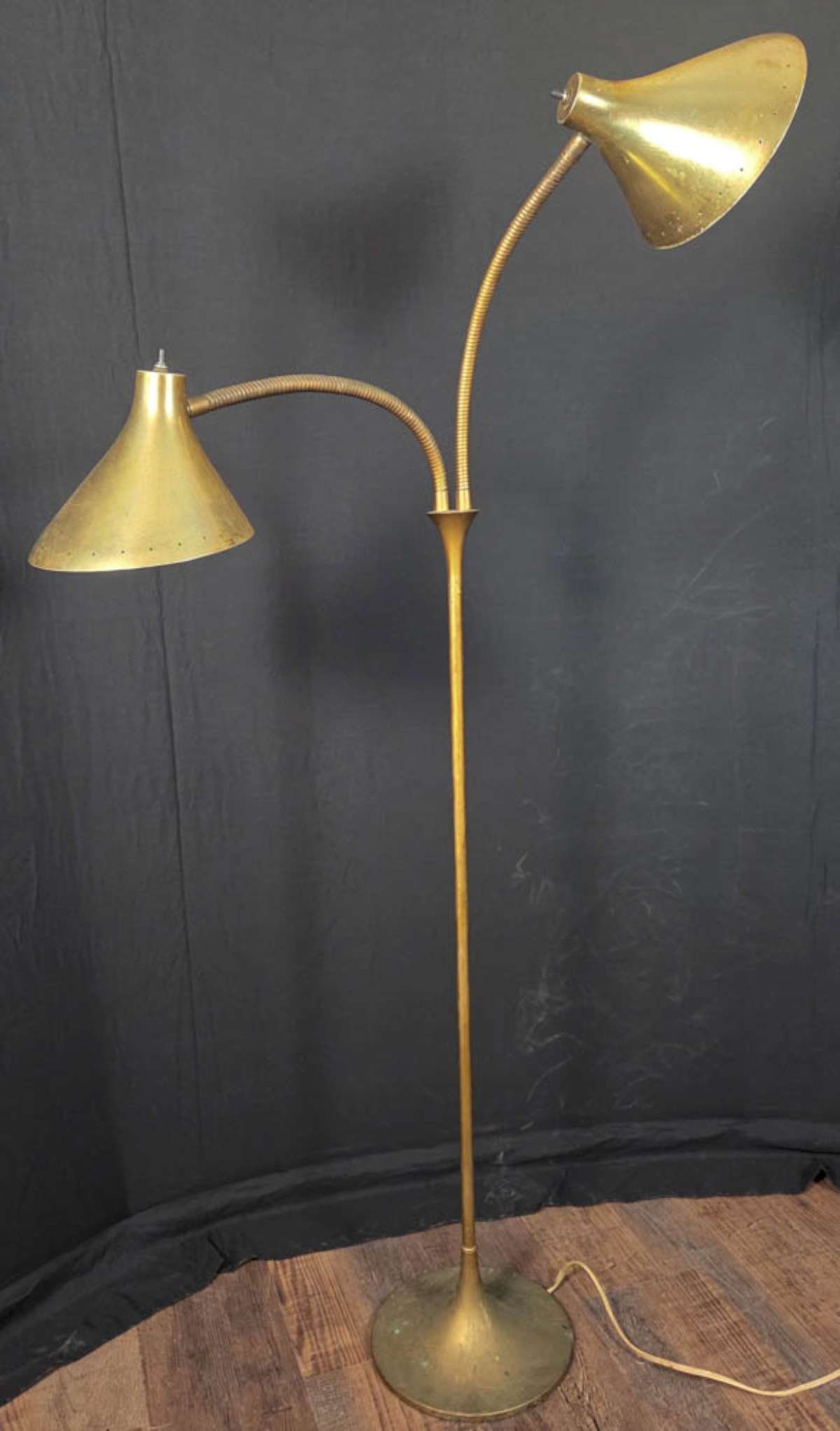 vintage MCM Danish brass floor lamp: vintage Mid Century Modern double gooseneck adjustable angled shades and pole with tulip base, likely Swedish or Danish (Scandinavian) design (no maker's label, though)