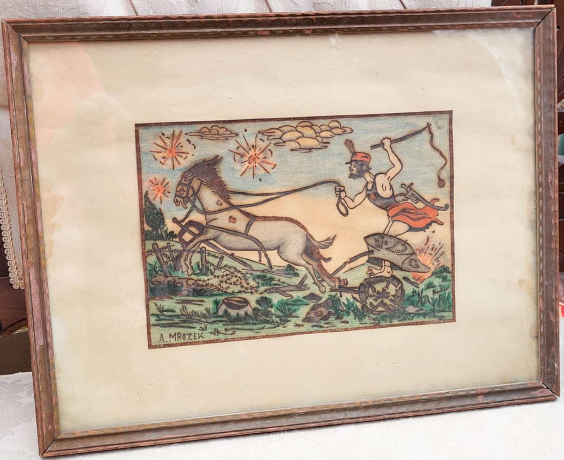 framed horse and rider Mrozek print: signed lower left A. Mrozek as shown, color etching of a man on a cart with the year 1915 on it and whipping a running horse, matted and in a wooden frame